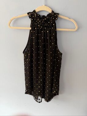 LOFT Black Gold Metallic Dot Mesh Halter Top Ruffle Neck Keyhole XS